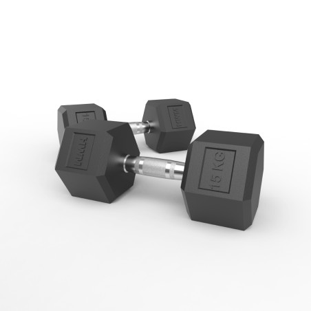 Par Mancuernas Hexagonales de Caucho 15kg - 2da Selección | HWM®