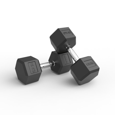 Par Mancuernas Hexagonales de Caucho 15kg - 2da Selección | HWM®